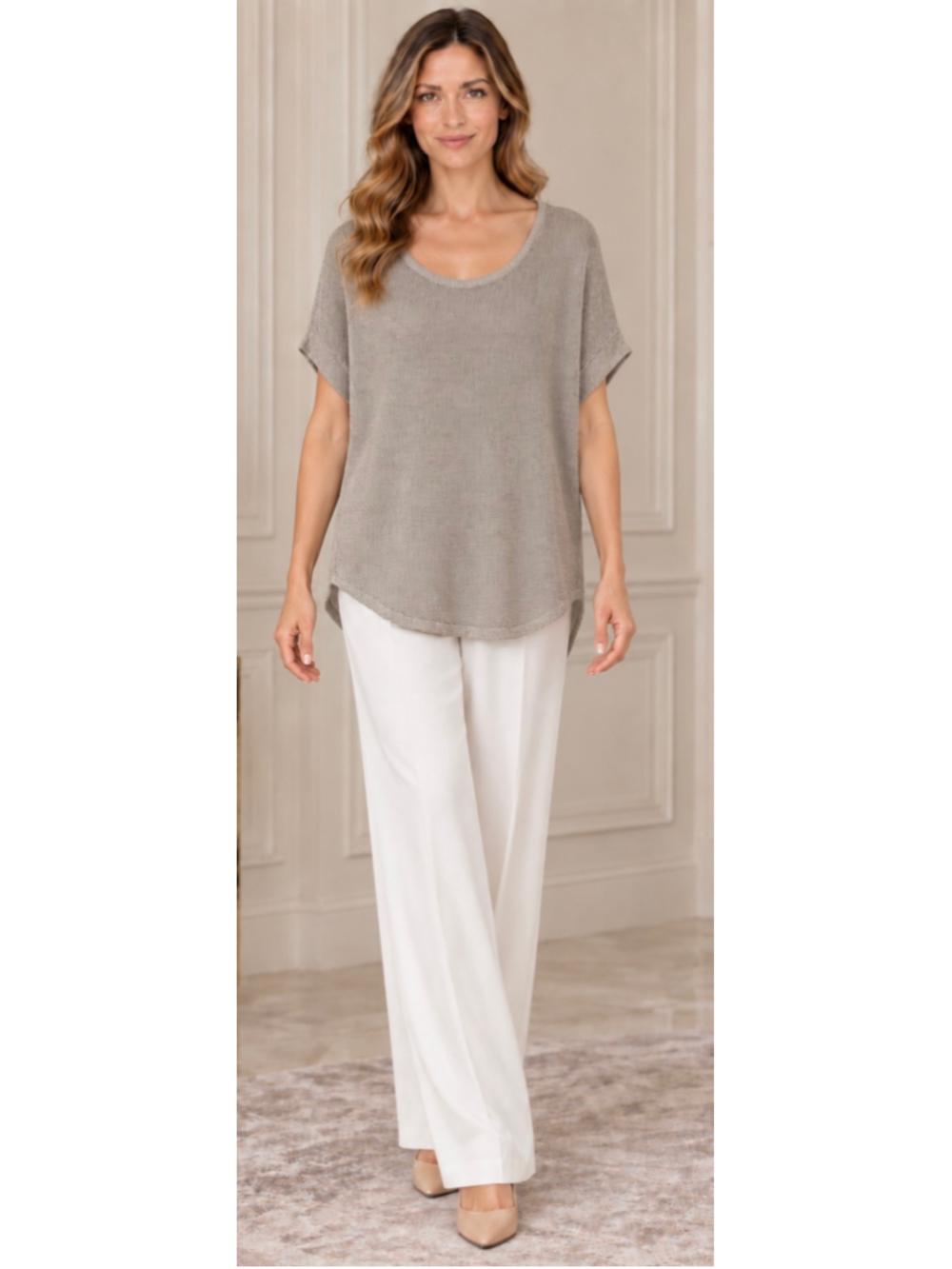 Giorgio Armani Short Cap Sleeve Knit Top, Beige, Size 6 Italian Luxury NWT